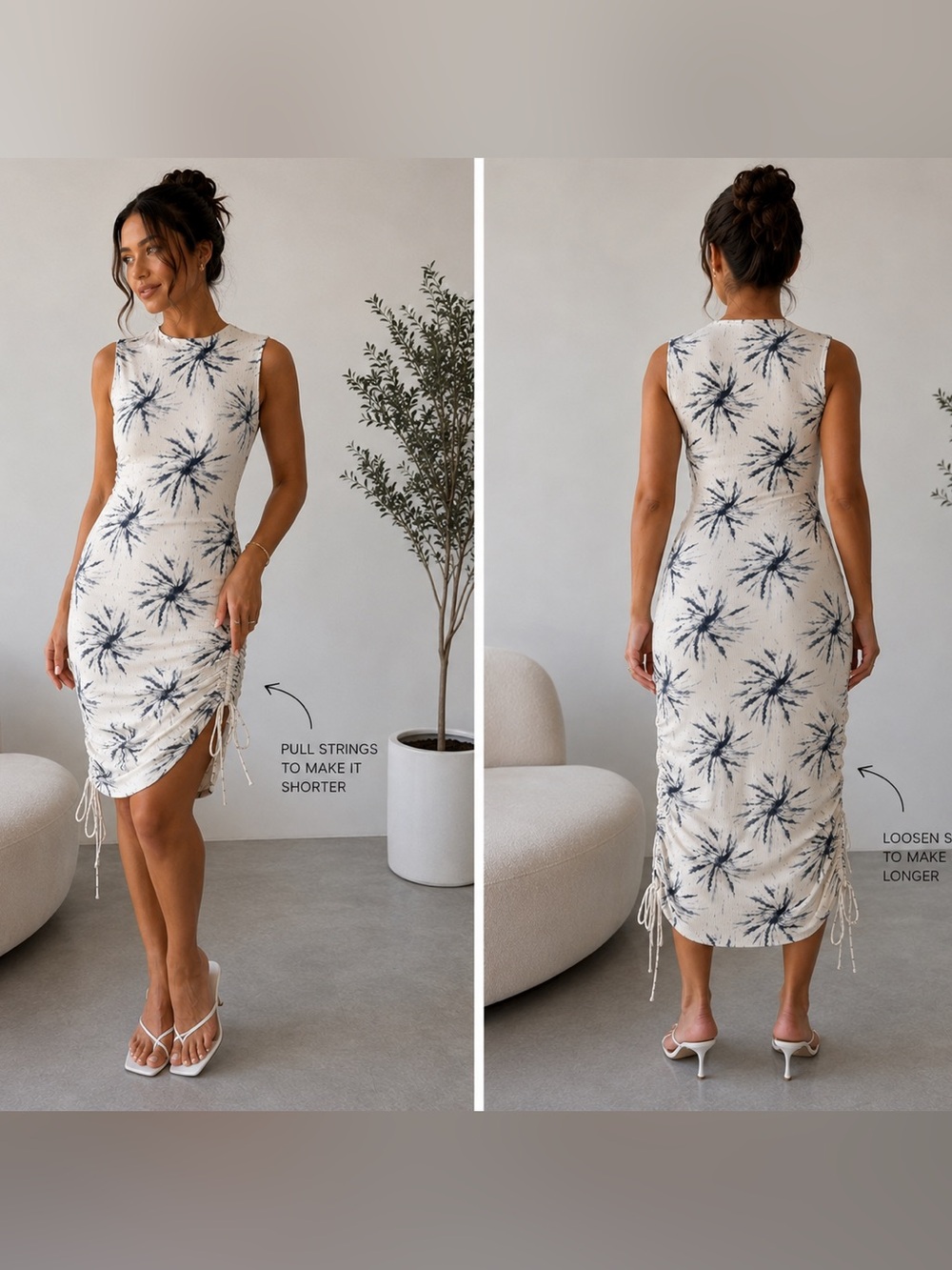 Sleeveless Adjustable Ruched Midi Dress – Cream & Black Tie-Dye Print